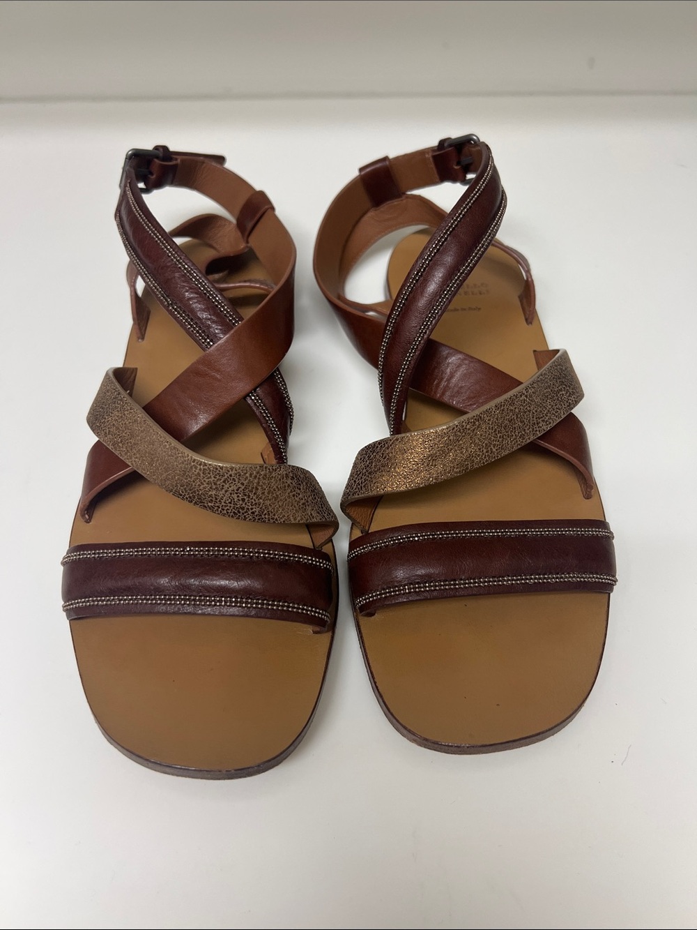 Brunello Cucinelli Brown Leather & Metallic Bronze Crisscross Sandals